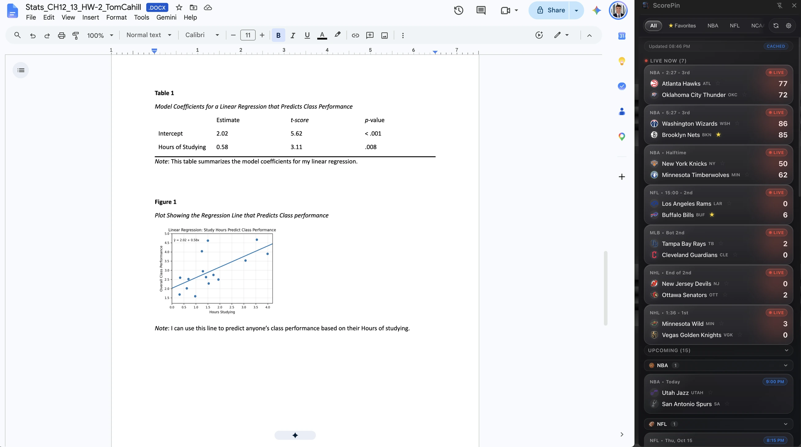 Supplied screenshot: ScorePin alongside a document, keeping game information beside the work. Recorded scores, not live data.