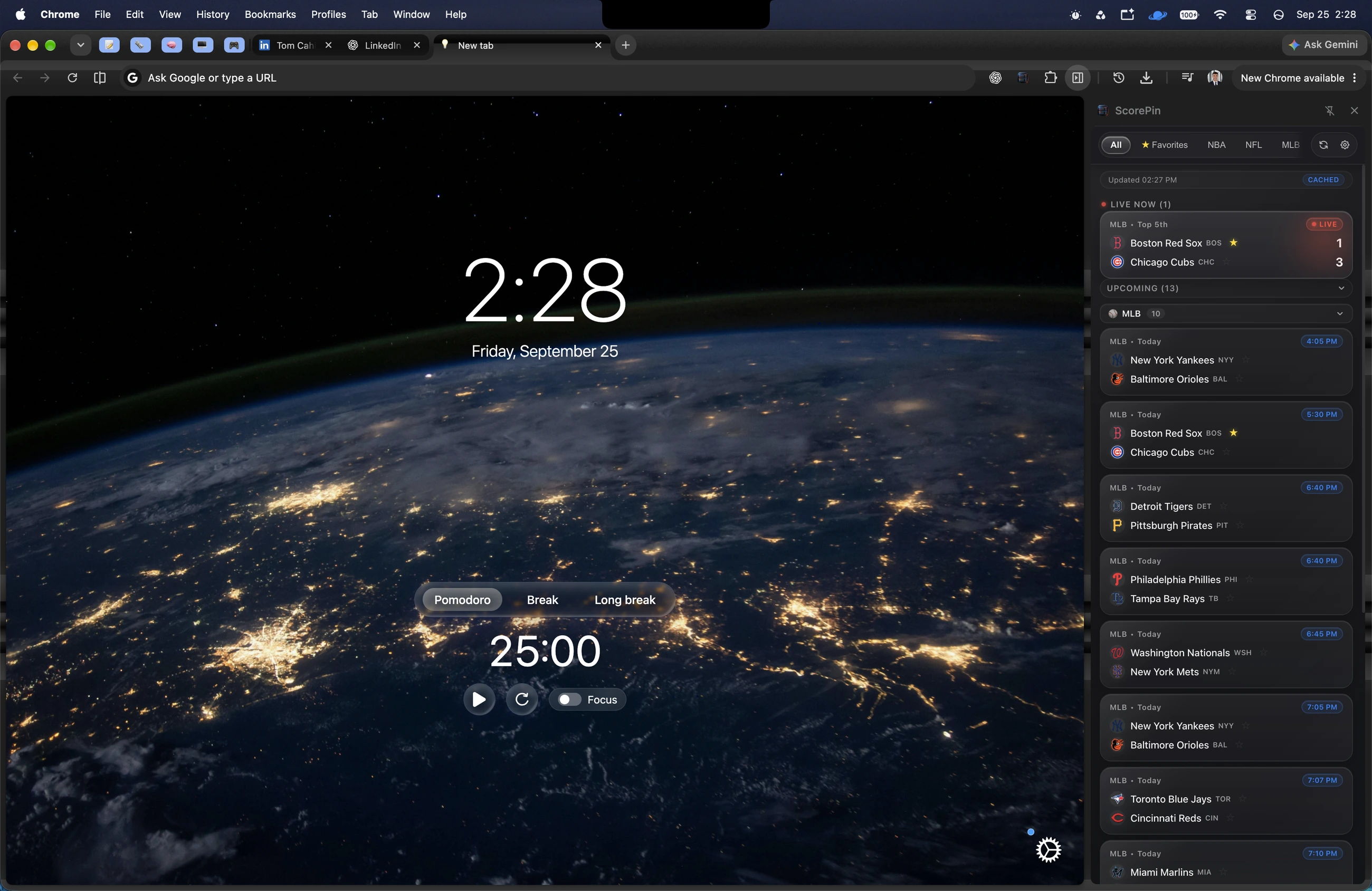 Supplied browser screenshot: ScorePin stays beside a Chrome new-tab page. Recorded scores and schedules, not live data.